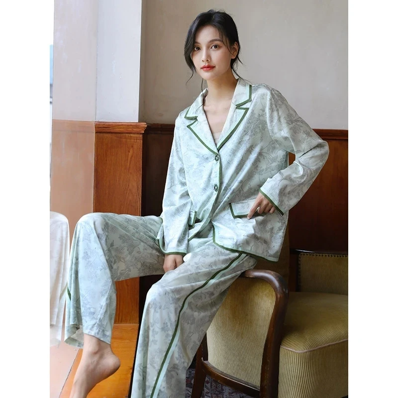 

New Floral Printed Silk Satin Pajamas Set Loungewear Sleepwear For Women 2 Pieces Long Sleeve Pyjama Suit For Female 2022