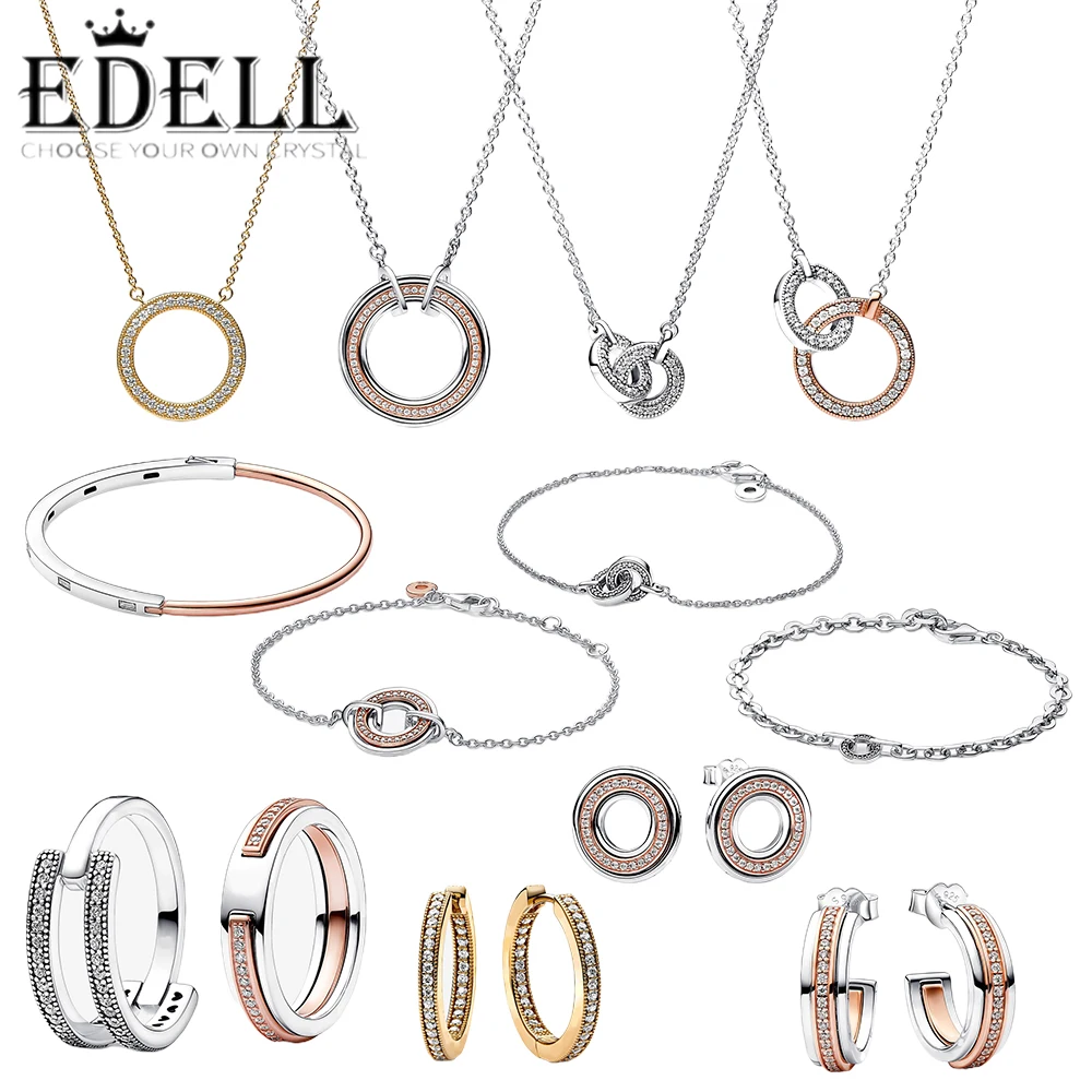 

EDELL 2023 Sterling Silver New Interwoven Clasp Two-Tone Metal Stud Earrings Double Circle Ring Pave Gemstone Bracelet Necklace