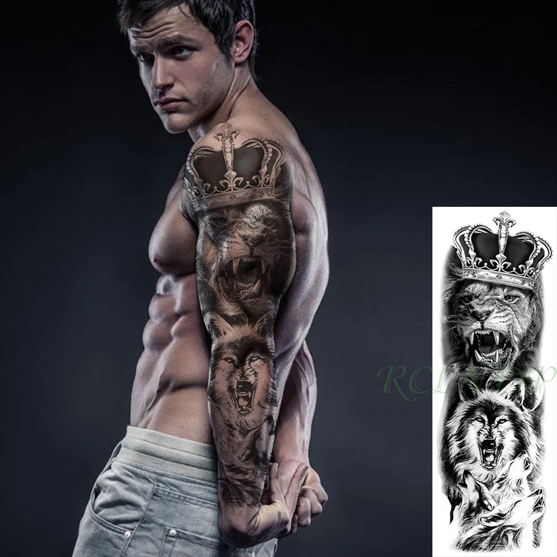 

Waterproof Temporary Tattoo Sticker Crown Roaring Lion Wolves Big Animal Full Arm Fake Tatto Flash Tatoo for Men Women