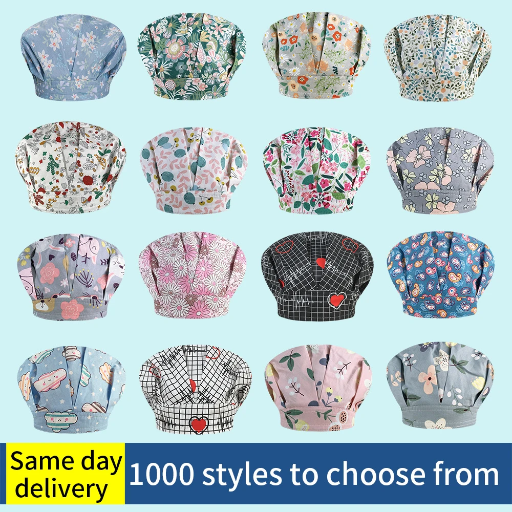 Хирургическая шапочка из хлопка с печатью высокого качества, регулируемая, матовая, для медицинского, косметического салона, лаборатории, ветеринарной клиники, мягкая.