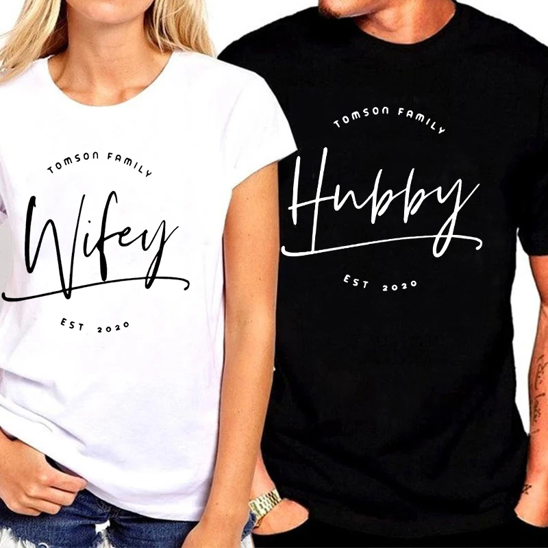 Wifey Hubby Last Name Year Personalized Honeymoon Shirts Couples Honeymoon Shirt Unisex Short Sleeve T-Shirt Husband Wife Tee