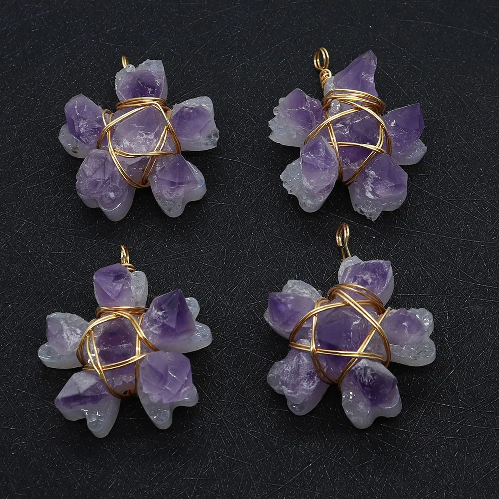 

Flower Shape Reiki Healing Amethyst Gem Winding Pendant Ore Crystal Charm Pendant Jewelry Making DIY Necklace Accessories
