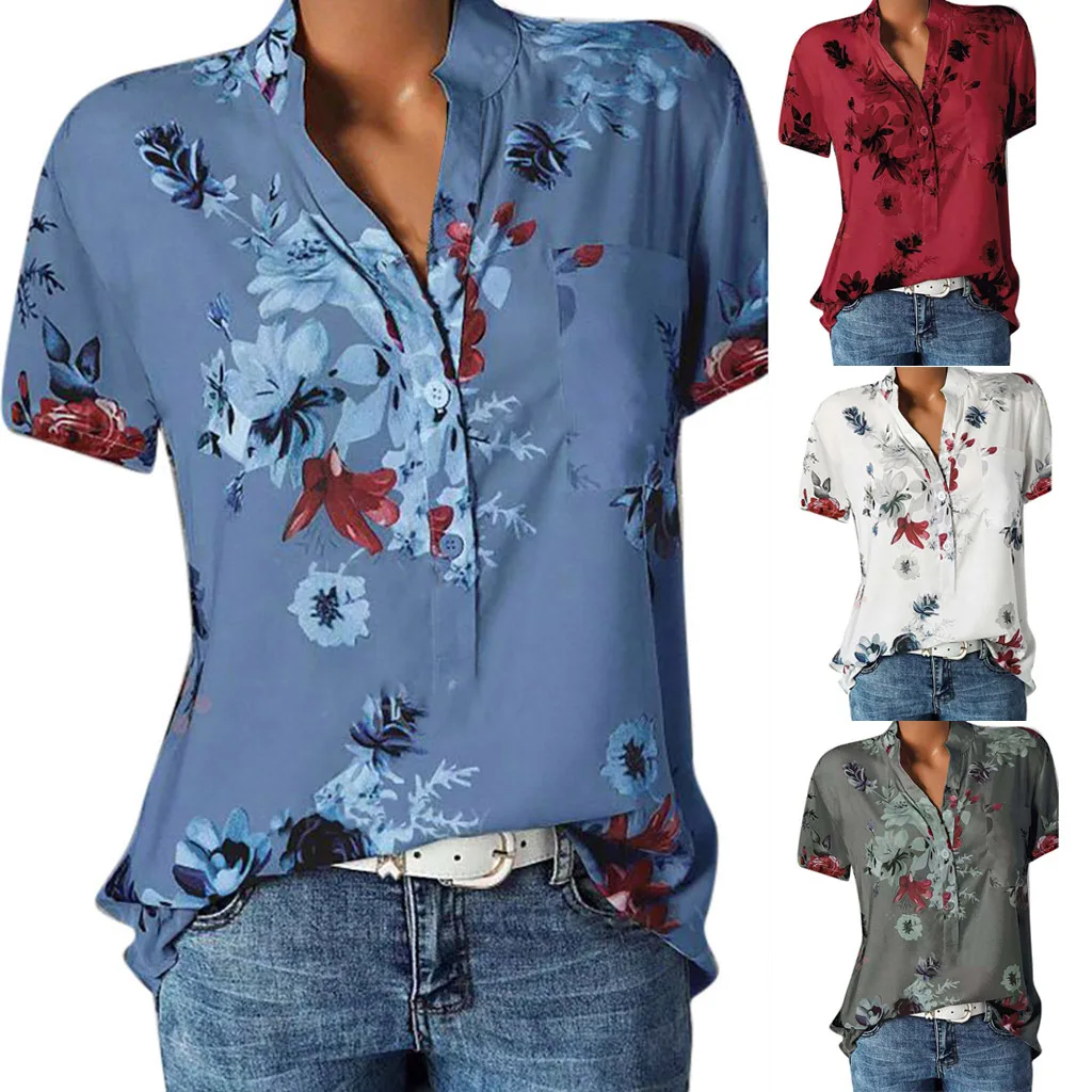 

Elegant Women's Shirt Printing V Neck Blouse Printing Pocket Short Sleeve Blouse Easy Top Print Shirts Women Top