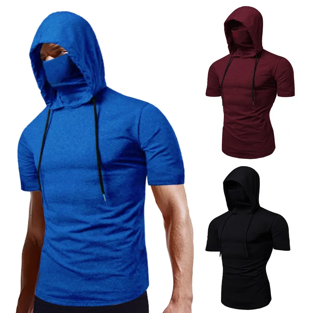 

Summer Men T-Shirt Fashion Pure Color Splice Casual Fashion Lapel Hooded Short Sleeve Strap Shirt Males Plus-Size Top Blouses