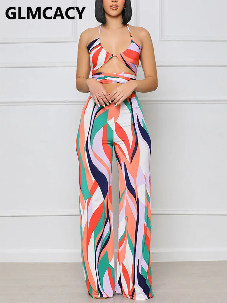 

Women Summer Two Piece Sexy Suits Halter Lace Up Crop Top & Loose Pants Set