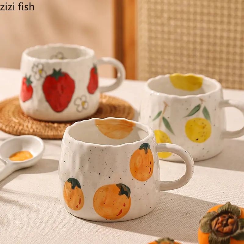 

Керамические чашки для чая и кофе с мультяшным рисунком фруктов, кружки для сока и завтрака, простые домашние ручные кружки для молока и кофе, домашние аксессуары