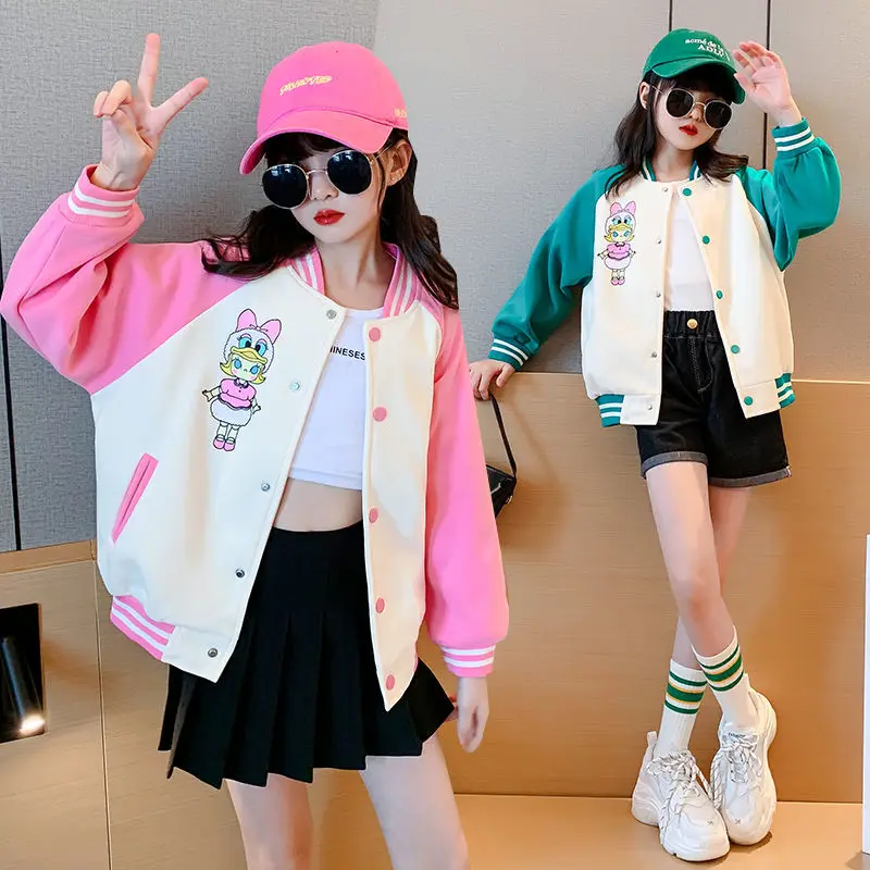 

Boutique Spring Fall Girls Jackets Outerwear Kids Cartoon Fashion Baseball Uniform Teenage Contrast Color Stitching Sportswear