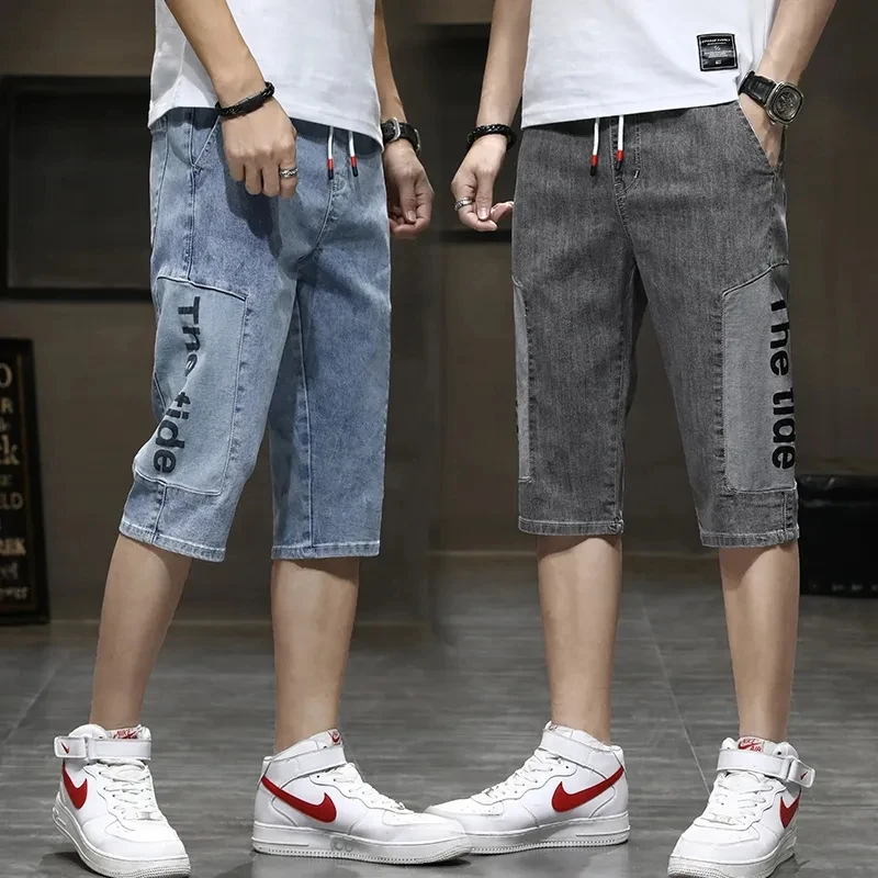 Korean Popular Summer Thin Loose Casual Men's Elastic Denim Jeans Vintage Distressed Men Pants Calf Length Straight Shorts