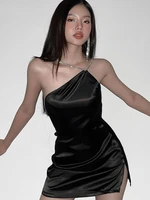 sexy irregular diamonds strap satin sleeveless black mini prom dress women 2022 summer fashion backless slit party club dresses
