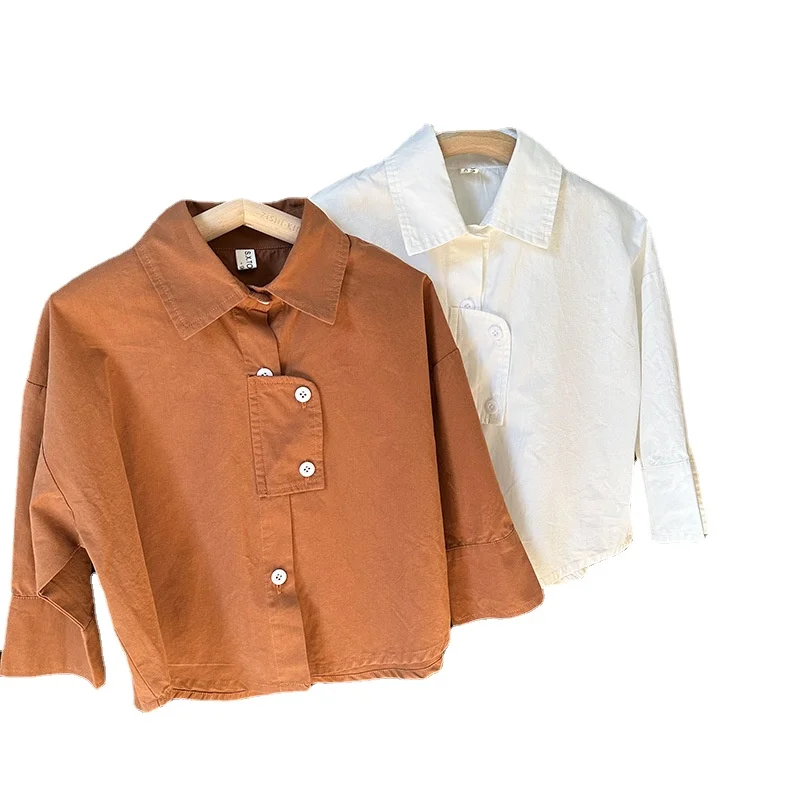 

Однотонная Корейская хлопковая рубашка, индивидуальная Блузка для девочек, верхняя одежда, детская одежда, повседневные рубашки для мальчи...