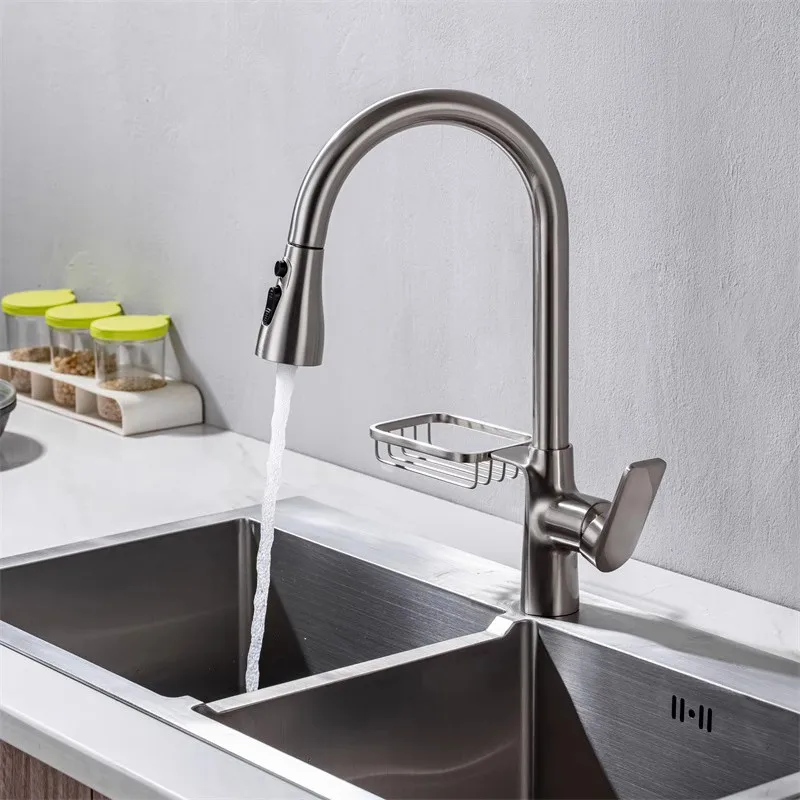 Серебристый кухонный смеситель для горячей и холодной воды выдвижной поворотный