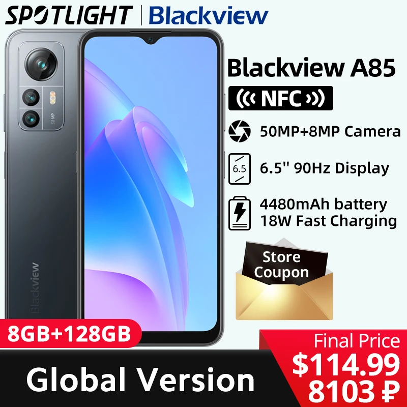 【World Premiere】 Blackview A85 Global Version 8GB 128GB 6.5'' HD+ 90Hz Display 50MP Camera 4480 mAh Battery NFC Smartphone