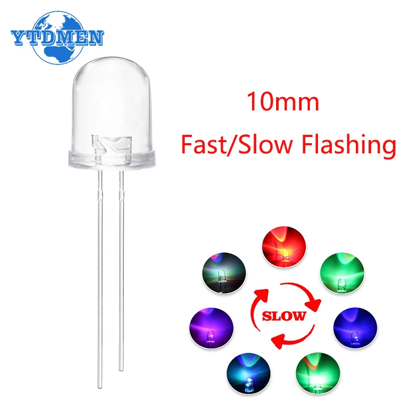 

10PCS LED Diode 10mm Multicolor RGB Fast/Slow Flashing Super Bright Light Emitting Diodes Transparent Round Diffuse Flash Lamps