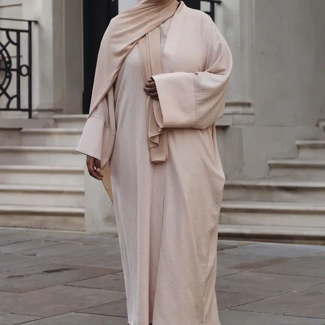 Ramadan Robe Casual Solid Sleeveless Inner Dress with Belt and Long Cardigan Robe Muslim Sets Islamic Clothing Prayer Dress Set 5
