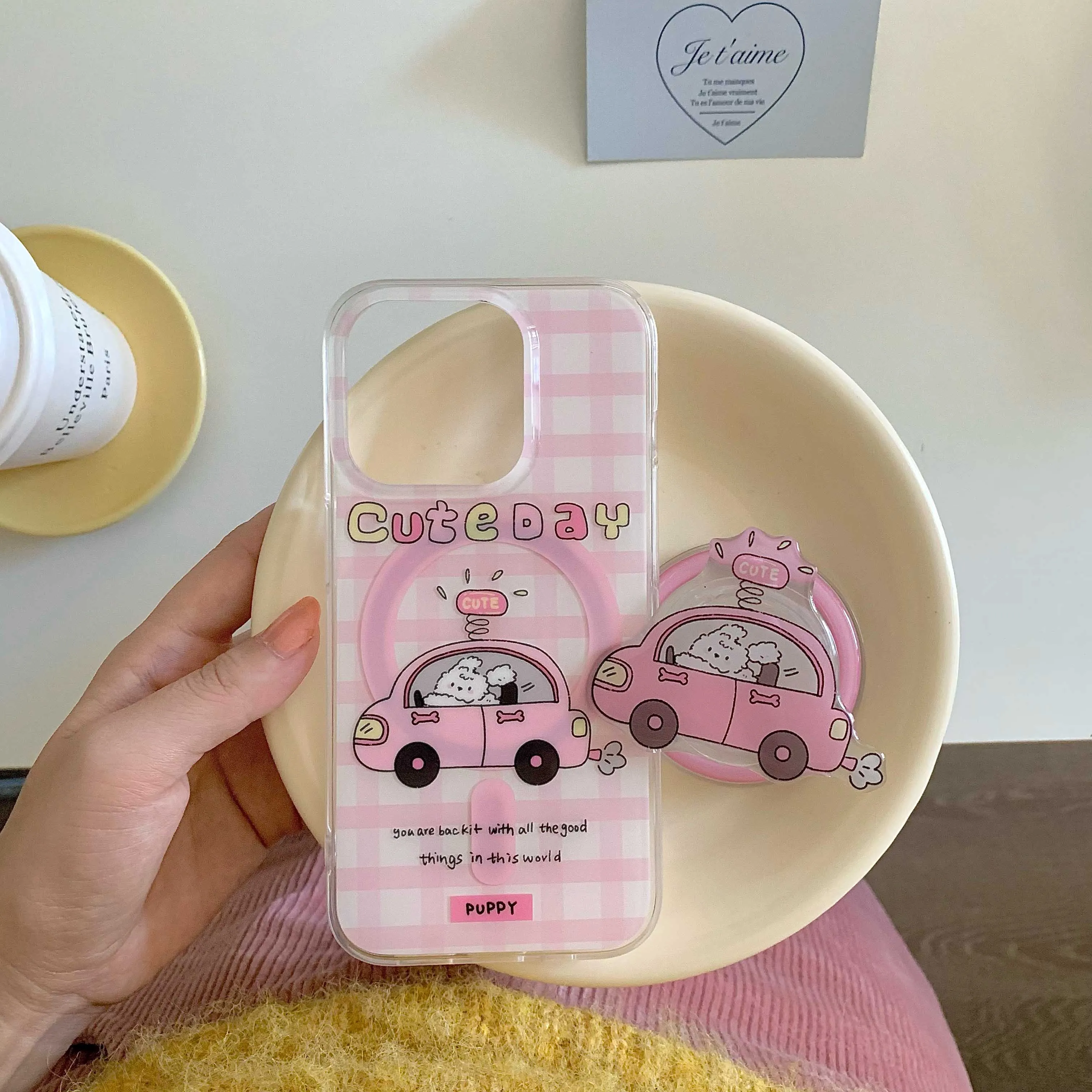 Магнитные Чехлы розового цвета для iphone 15pro 13 15promax 14promax 14 15 12 pro max мультяшный щенок