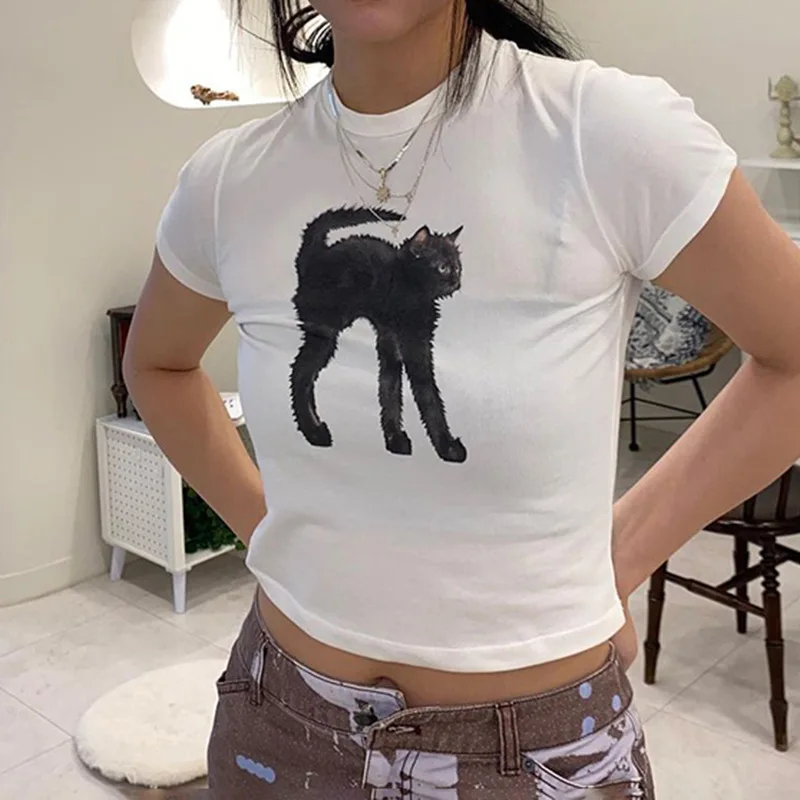 Укороченный белый женский топ с милым принтом базовая Повседневная футболка