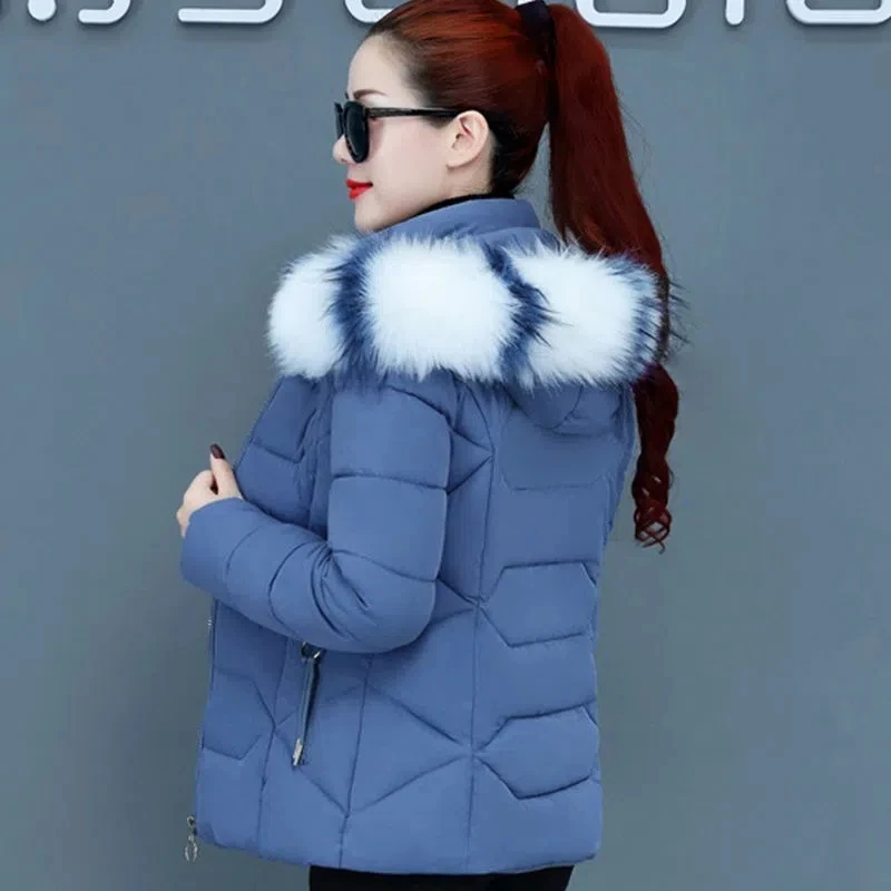 Women Winter Cotton-padded Faux Fox Fur Collar Hooded Short Parkas Warm Plush Female Cotton Padded Coat Slim Fashion Ladies Coat