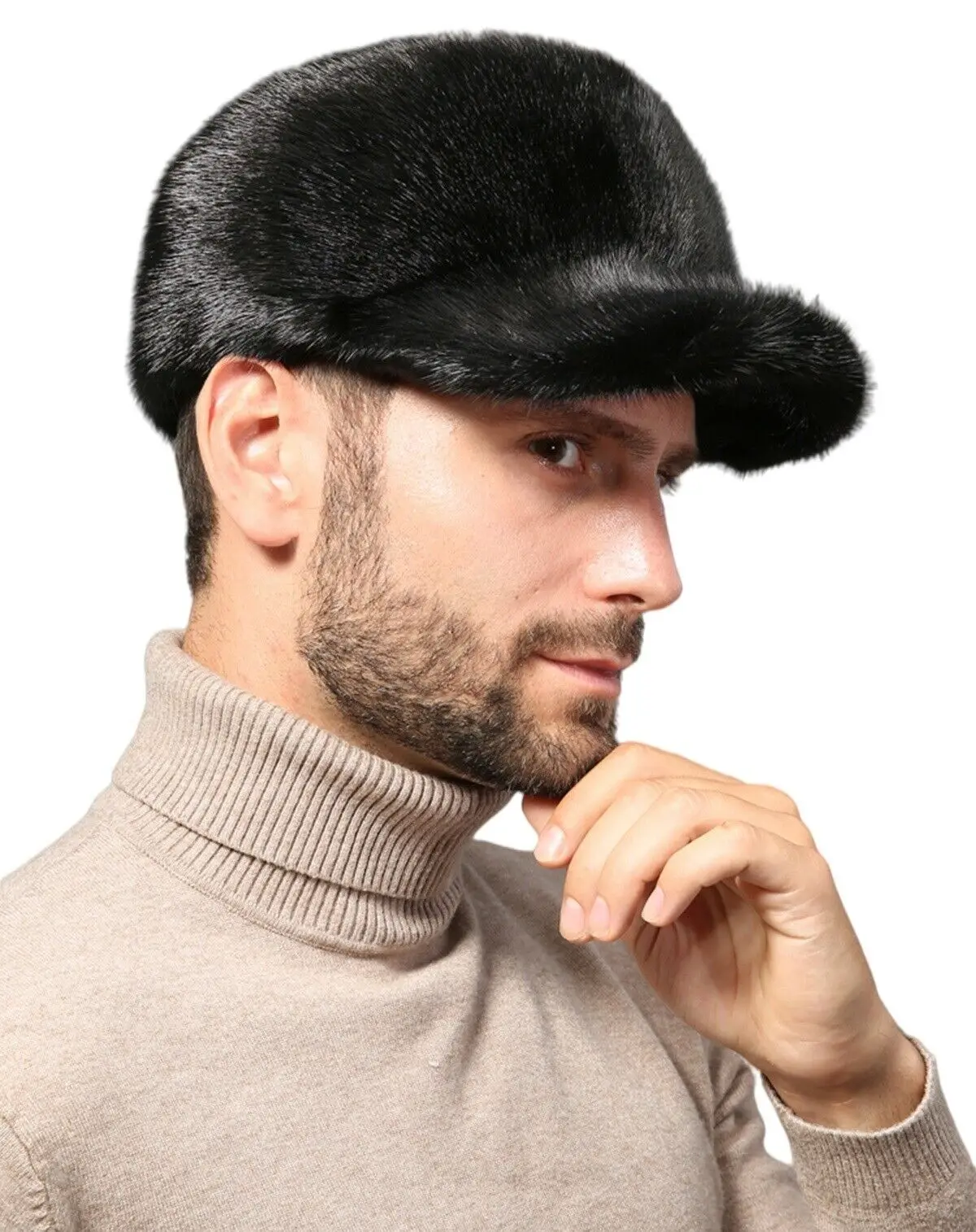 Men Real Mink Fur Peaked Cap Winter Warm Baseball Hat Hunting Outdoor Travel Black