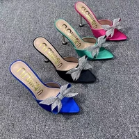 2022 summer ins womens high heels sexy pointed toe bow square heel sandals crystal pvc party mules brand design women de tacon