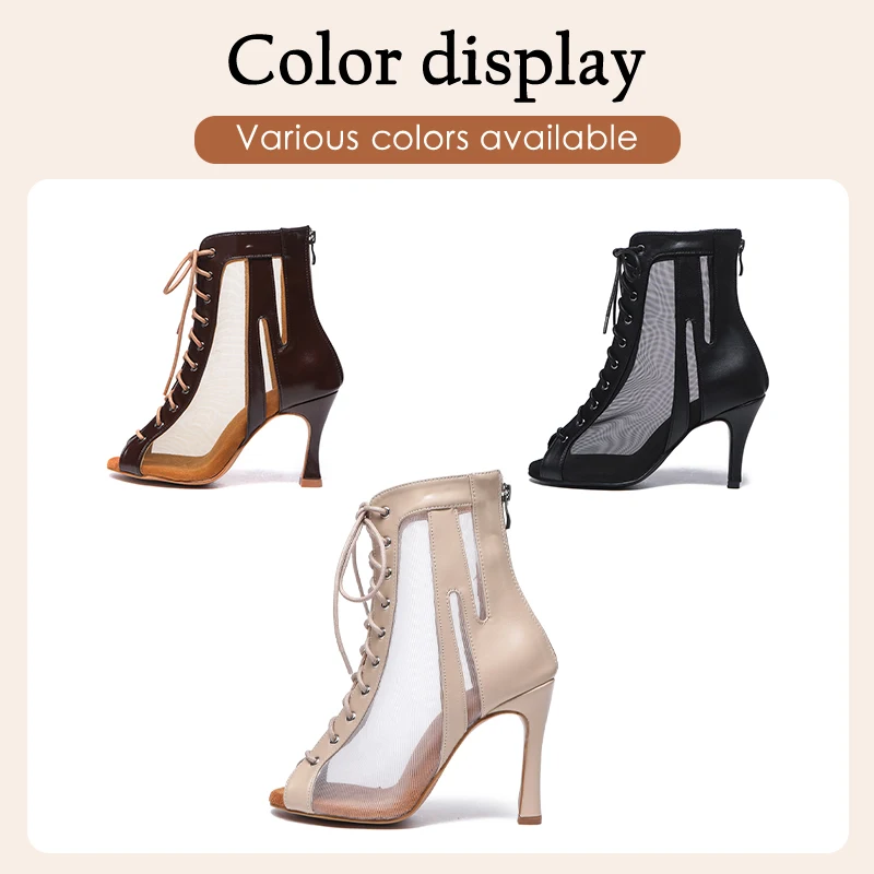 Hipposeus Black Latin Dance Shoes Woman Ladies High Heels Tansparent Mesh Kizomba Training Stage Performance Bachata