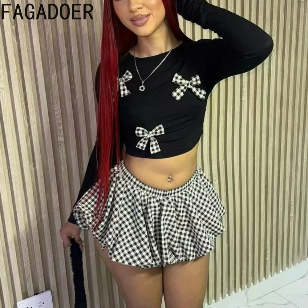 FAGADOER Sweet 2-х предметных комплектов женской одежды с длинными рукавами и бантом в