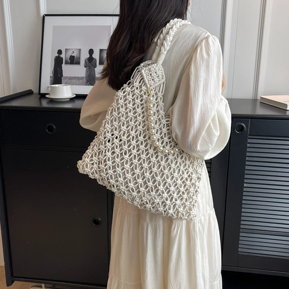 Pearls Beading Tote Hobo Hollow Woven Women Shoulder Bag Summer Crochet Handbags and Purses Designer Bags for Women Shopper Bag
