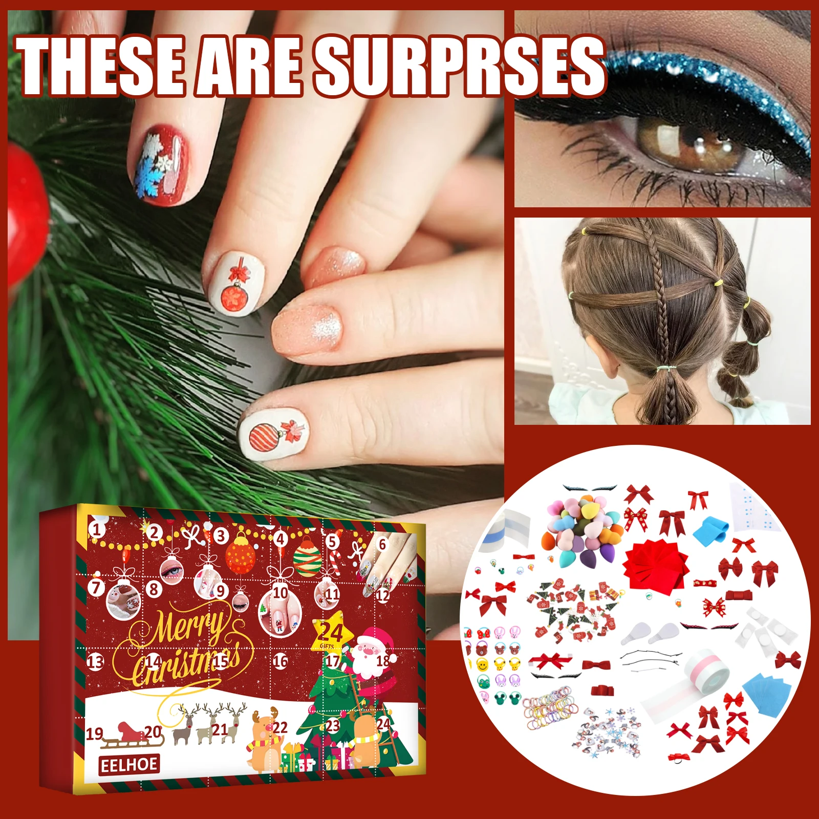 Free Shipping Eelhoe 24 Grid Christmas Nail Blind Box Nail Sticker Nail Art Christmas Gift Beauty Blind Box for Kids Girls Women