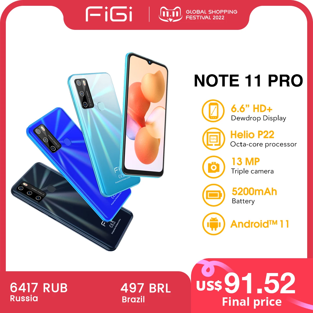 Tanie [W Magazynie] FIGI Note 11 Pro Smartphone Android 11 6.6 Cal Wyświetlacz HD Telefony Komórkowe 4G 64G 5200mAh Baterie Telefony Komórkowe Octa Core