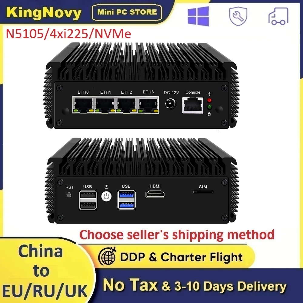 

2.5G Fanless Mini PC 4x Intel LAN Switch Celeron N5105 2500M i225 Nic ESXI Rugged pfSense Firewall Appliance Mini Router Server