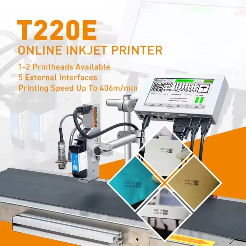 Фото OEM/ODM T220E-1 TIJ Онлайн-принтер для термокодирования, машина для нанесения штрихкодов, QR-кодов, даты, номера партии, этикеток, логотипов №2