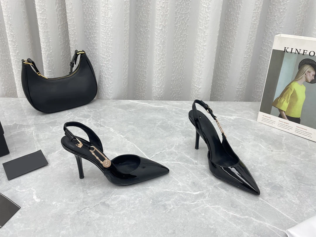 Women Sandals Pointed Toe Buckle Stiletto Heels Sexy Medusa Safety Pin Size 37 42 Height 80mm Metal Toe