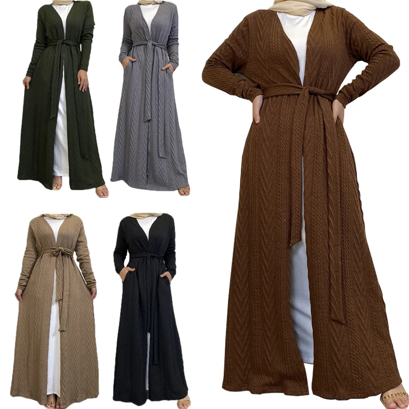 

Fashion Muslim Kimono Open Abaya Solid Knitted Sweater Retro Ethnic Cardigan Robe Dubai Middle Eastern Saudi Arabic Eid Clothes