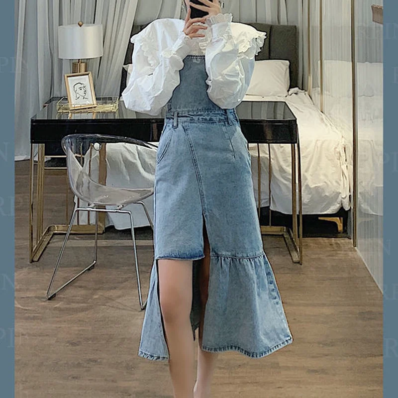 

Koijizayoi Women Fashion Spring Two Pieces Set White Long Sleeves Shirt Irregular Dropshipping Jeans Dress Chic Korea Outfits