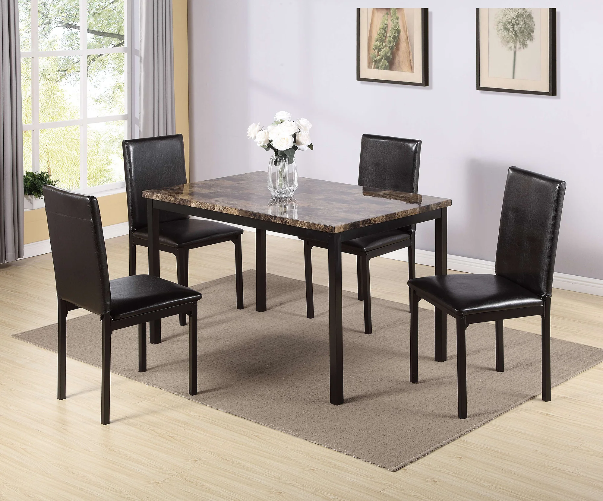 

LEAVAN 5 Piece Metal Dinette Set with Faux Marble Top - Black,dinning set,table&4 chairs