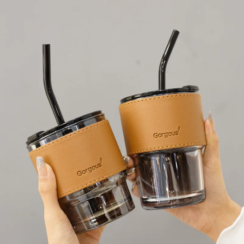 New Creative Coffee Glass Cup High-Value Amber Straw Glass Water Bottle Portable Milk Tea Travel Cup Leather Sleeve Tableware