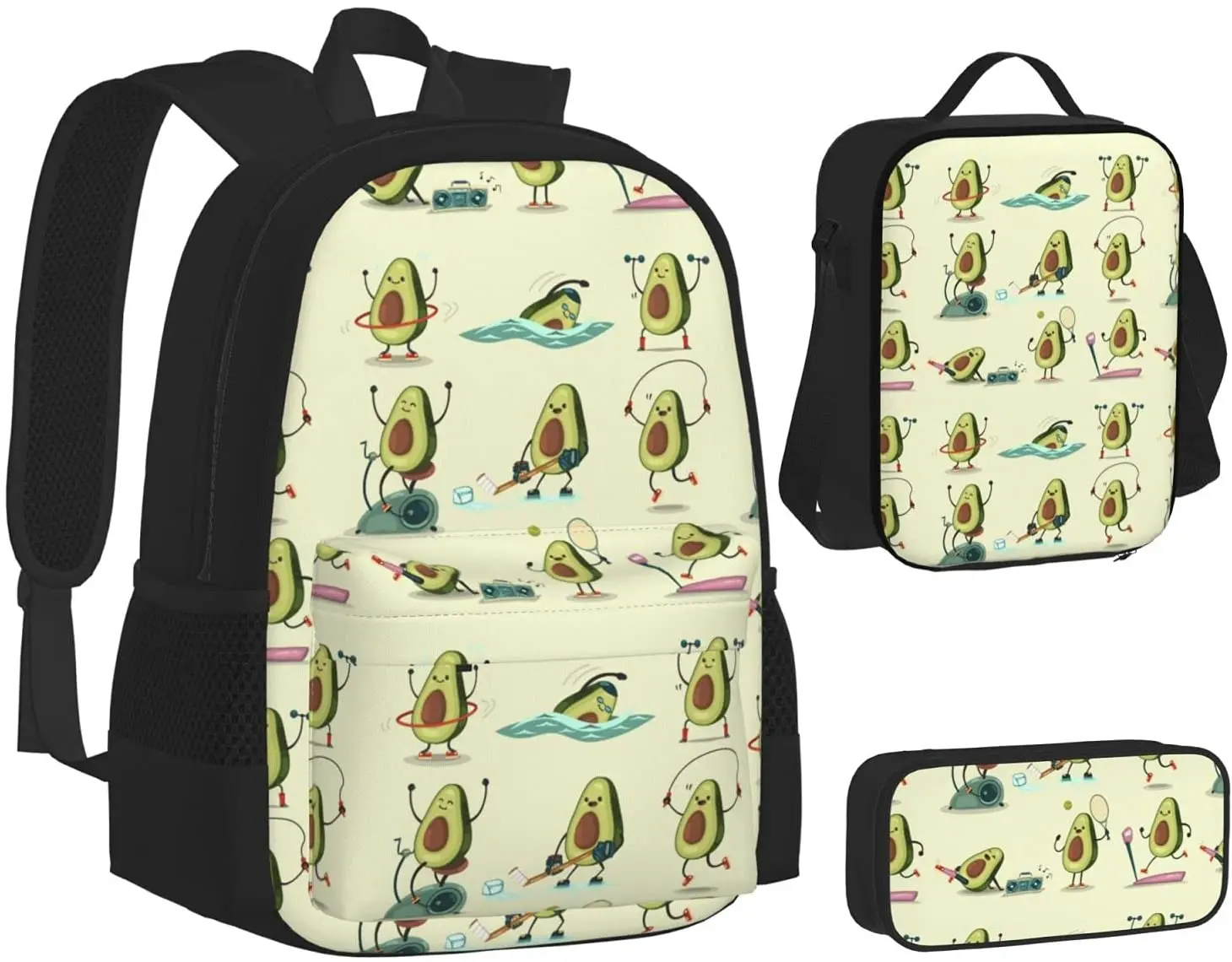 Avocado Take Exercise Printing School Backpack Lunch Tote Bag Clutch Purse（School Bag + Pencil Case + Lunch Bag Combination）