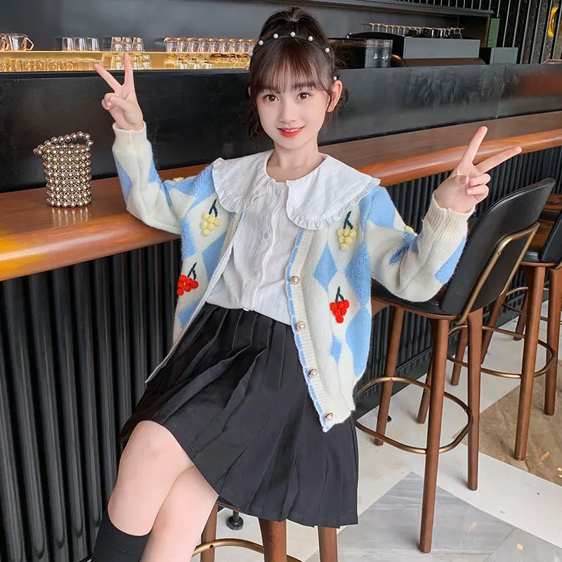 

Classic Sweater jacket for girls clothing Rhombus Knit Cardigan Sweater Coat V-neck Knitwear Autumn Fashion 3-12yrs Kids clothes