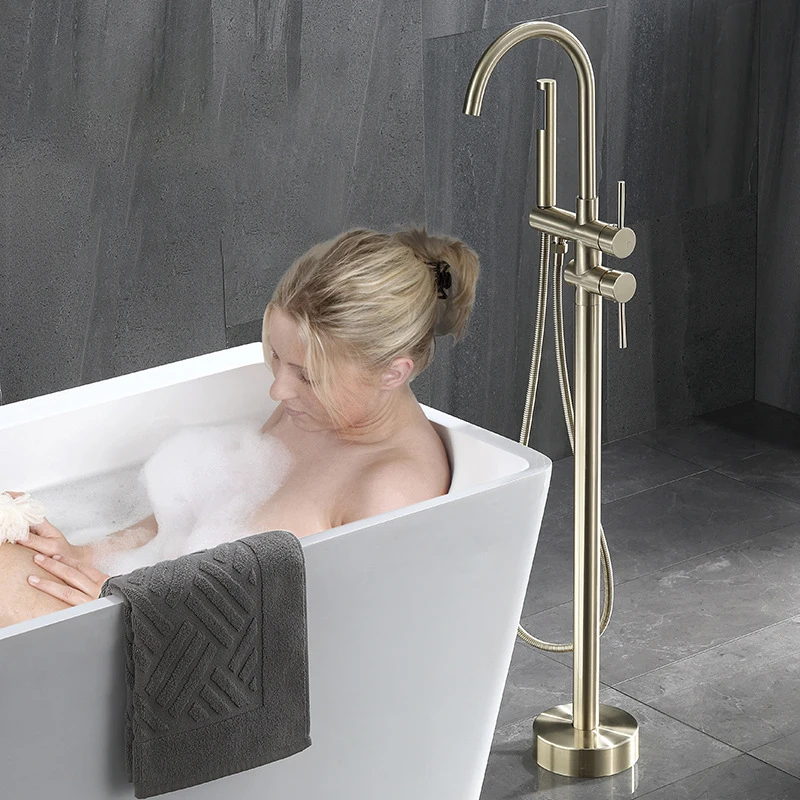 

Brushed gold Bathtub Floor Stand Faucet Mixer Single Handle Mixer Tap 360 Rotation Spout With ABS Handshower Bath Mixer Shower
