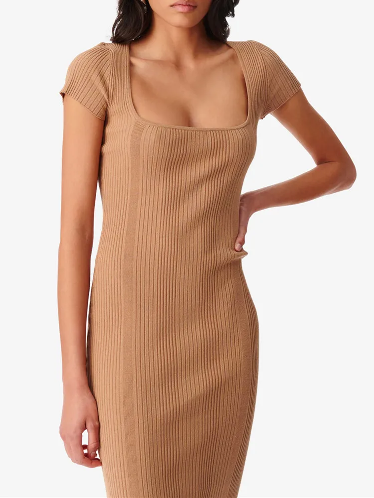 

2023 Summer New Women Slim Rib Knit Dress Female Short Sleeve Solid Color Square Collar Ladies Wrap Sexy Knitwear Robe