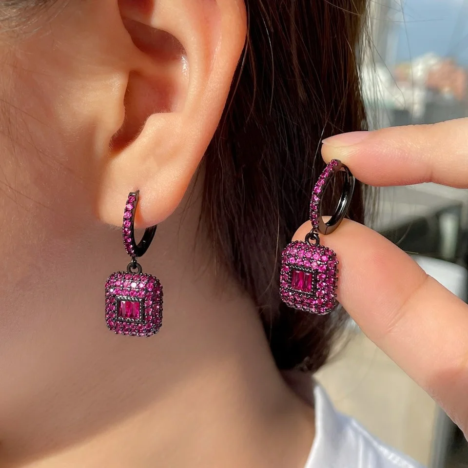 

UILZ Green Red Color Pave Cubic Zirconia Dangle Earrings for Women Geometric Rectangle Luxury Party Anniversary Jewelry
