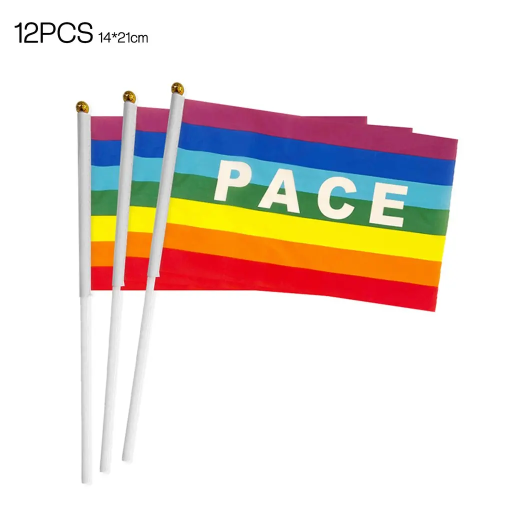 

12pcs rainbow Stick 7 Colors Flag polyester hand waving flags with Plastic Flagpoles Hand Held Mini Waving Flag With White Pole