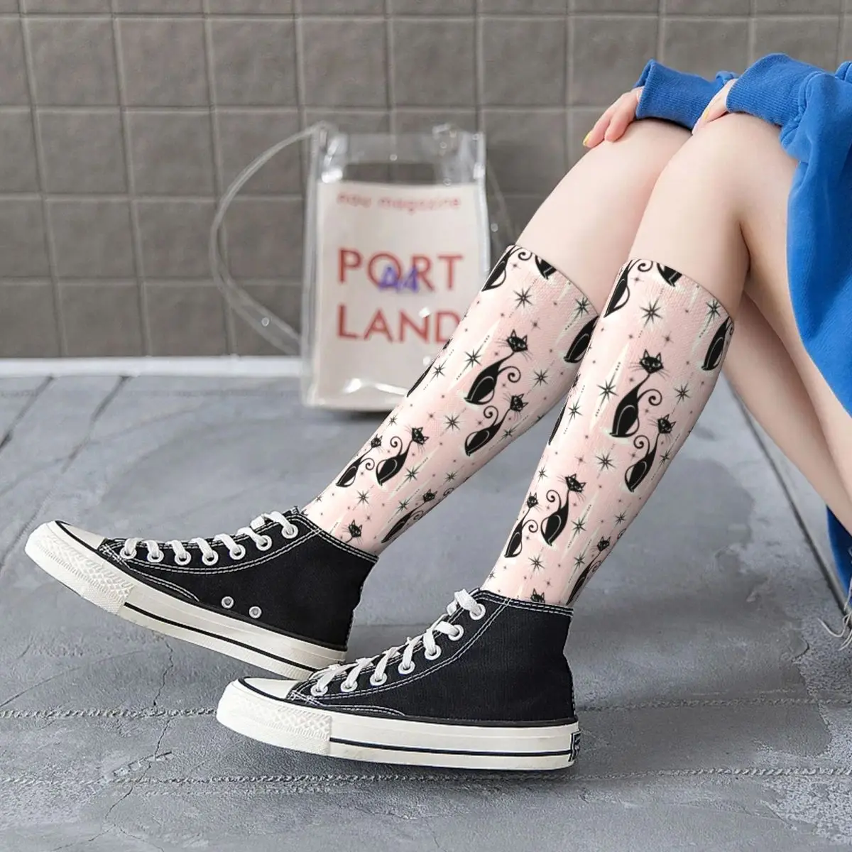 

Retro Black Cat Socks Mid Century Meow Creative Sport Mid Stockings Large Chemical Fiber Unisex Style Socks