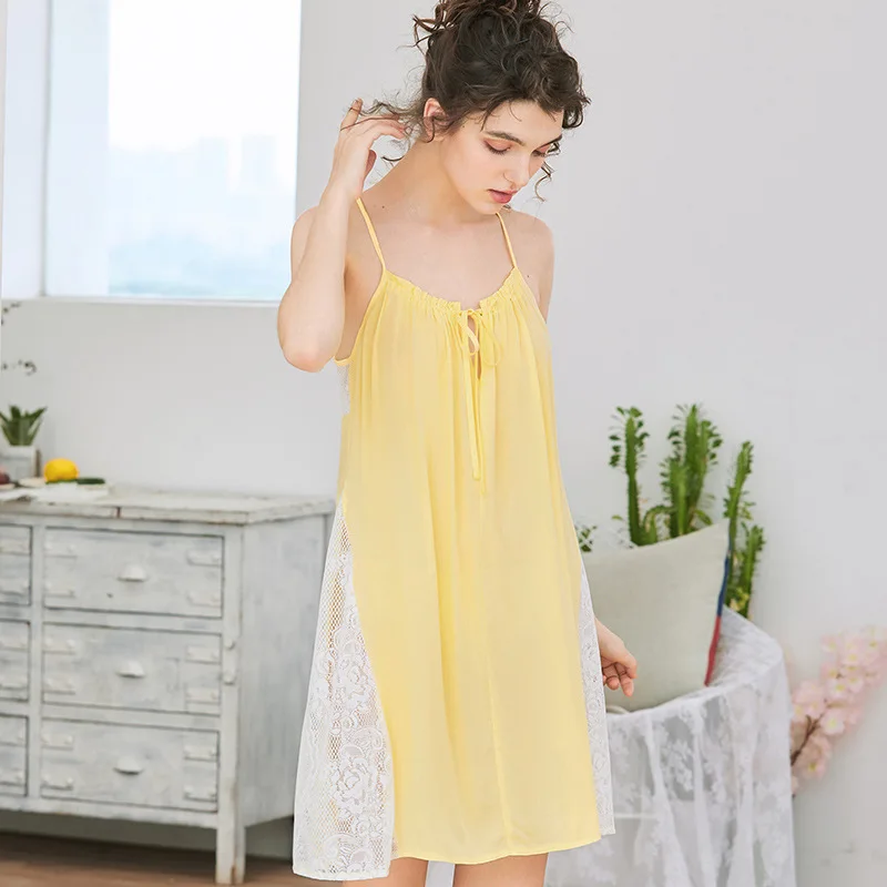 Roseheart Yellow Women Homewear Cotton Sexy Sleepwear Nightdress Lace Nightwear Homewear Night Gown Dress Backless Nightgown