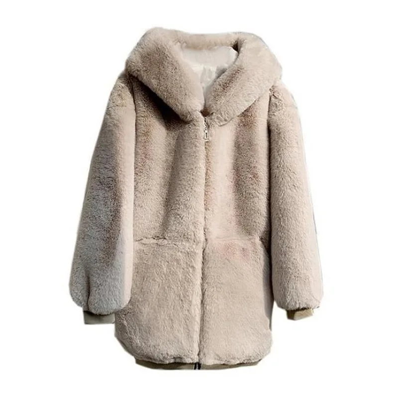 2022 Woman Imitation Mink Loose Sweater New Winter Women Thick Fur Coat Mid-length Hooded Waterproof Mink Coat Clothes