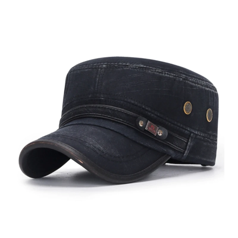 

Classic Vintage Flat Top Men Washed Cap Adjustable Cap Winter Warm Cotton Solid Color Sun Protection Military Cap