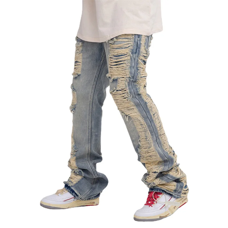 American Style Streetwear Men Jeans Loose Hole Personalized Beggar Casual Full Length Trousers Denim Pants