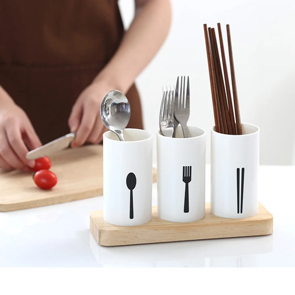 

Cutlery Utensil Holder Dinnerware Storage Rack Flatware Organizer Wood Base Chopsticks Silverware Tube Shelves