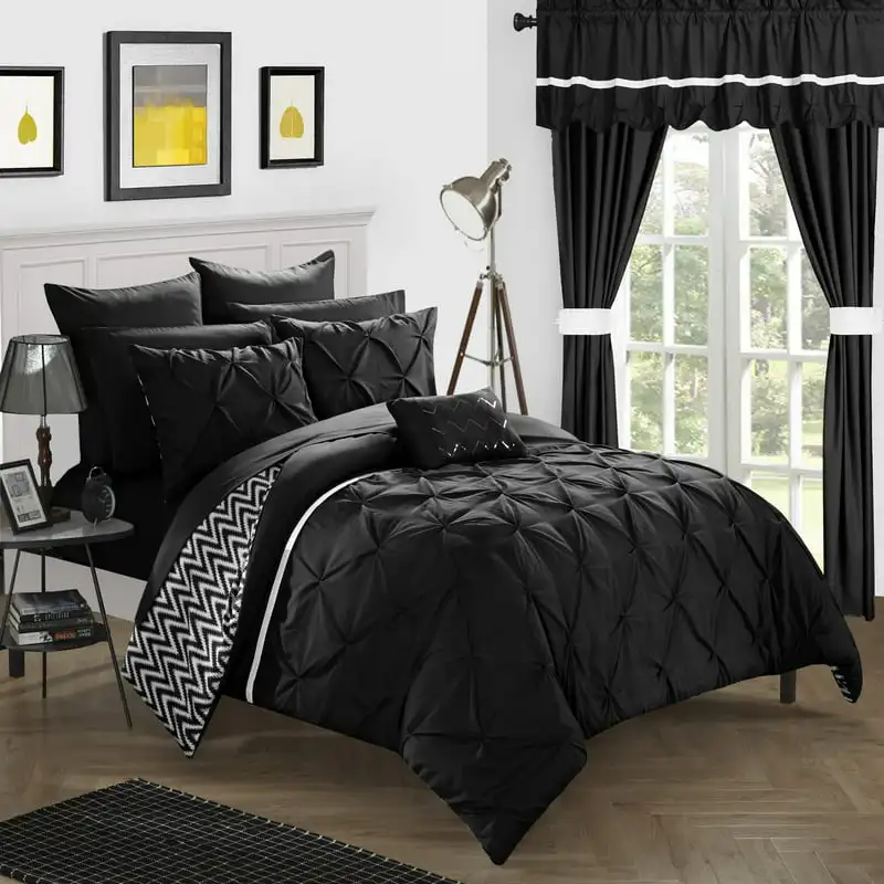 

Potterville 20-Piece Reversible Ruched Comforter Set, Queen, Black
