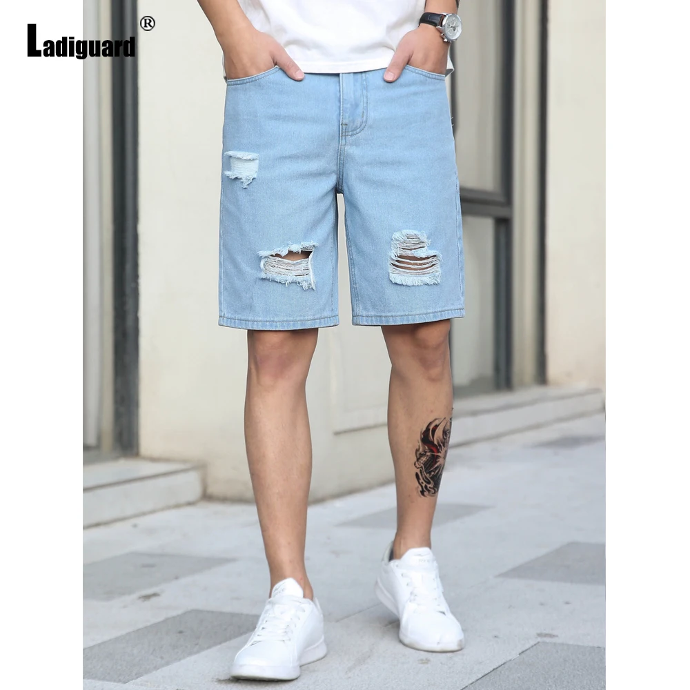 Ladiguard Men's Light Blue Demin Shorts Casual Stand Pocket Hole Ripped Half Pants 2022 European Style Fashion Short Jeans Homme