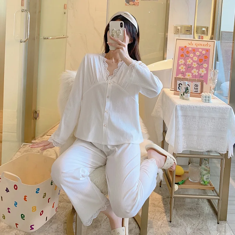 Sexy Pajamas Women's Spring Long Sleeved Cardigan Lace V-neck Fashion Home Clothes Combed Cotton Sleepwear Lady Sleepwear